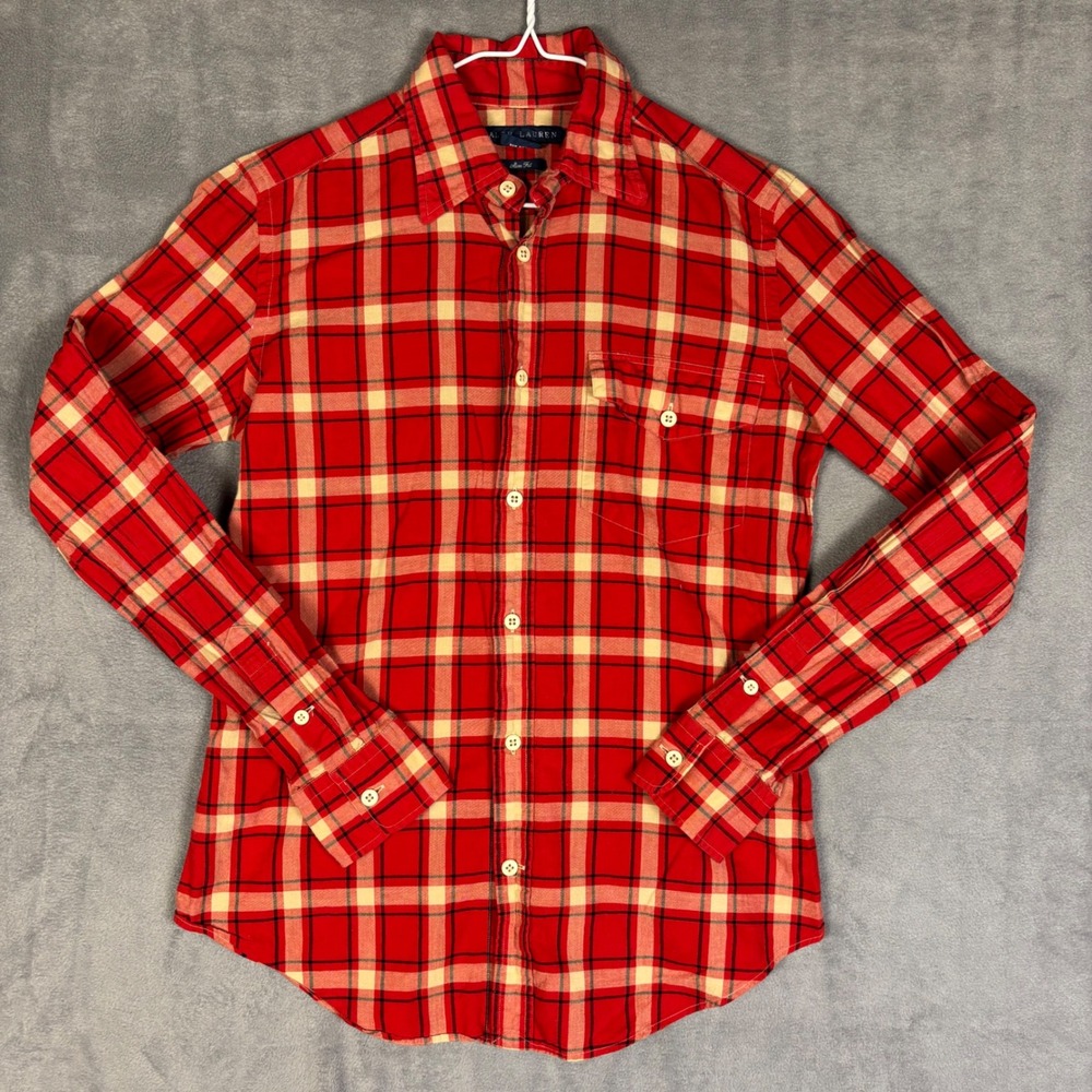 Ralph Lauren Red Plaid Cotton Button Down Slim Fit Shirt Womens 8 Pocket